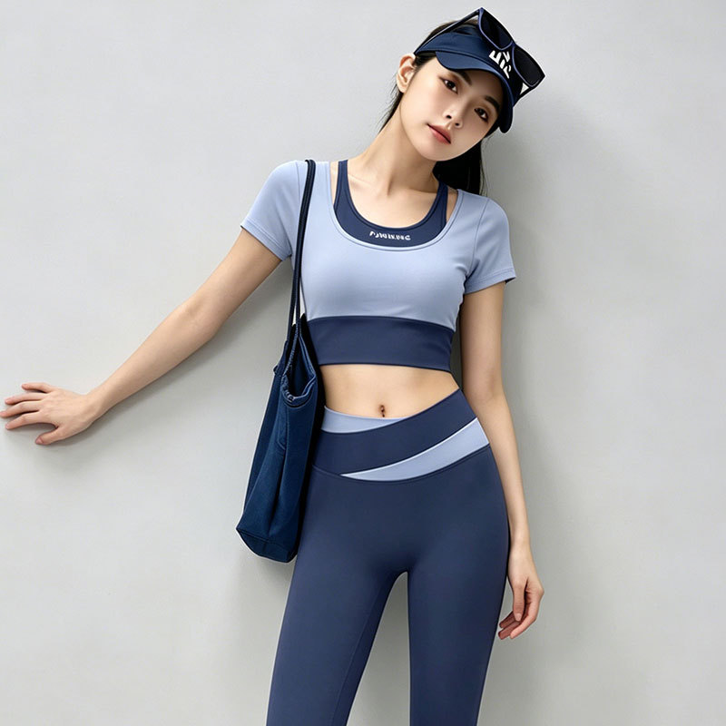 撞色拼接瑜伽服套装女高腰长裤短袖速干透气健身运动服