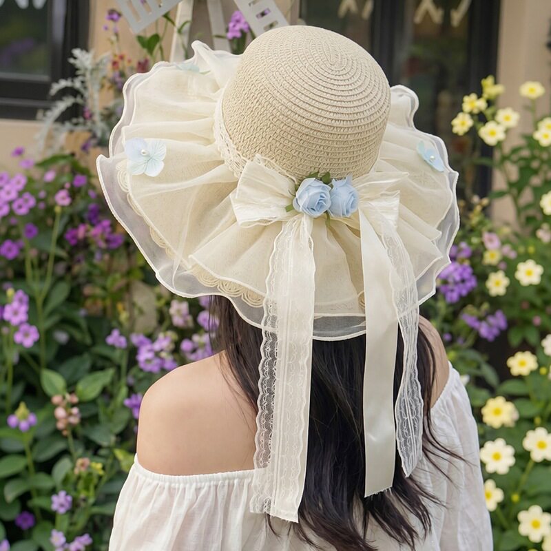 甜美花朵蕾丝飘带大檐草帽女夏季户外遮阳防晒帽度假出游沙滩帽