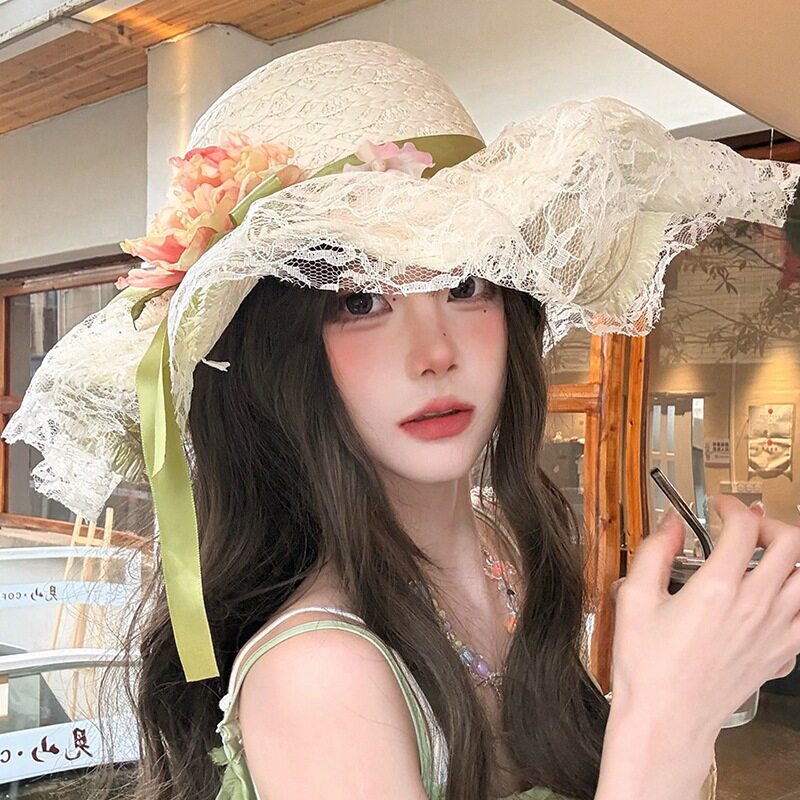 法式蕾丝花朵草帽女夏季海边度假沙滩帽户外防紫外线大檐遮阳盆帽