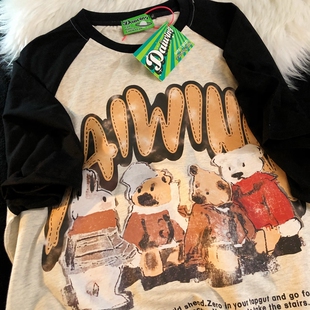 油画熊卡通情侣拼色短袖 Daiwing 夏装 暗暗努力 插肩T恤 为了见你