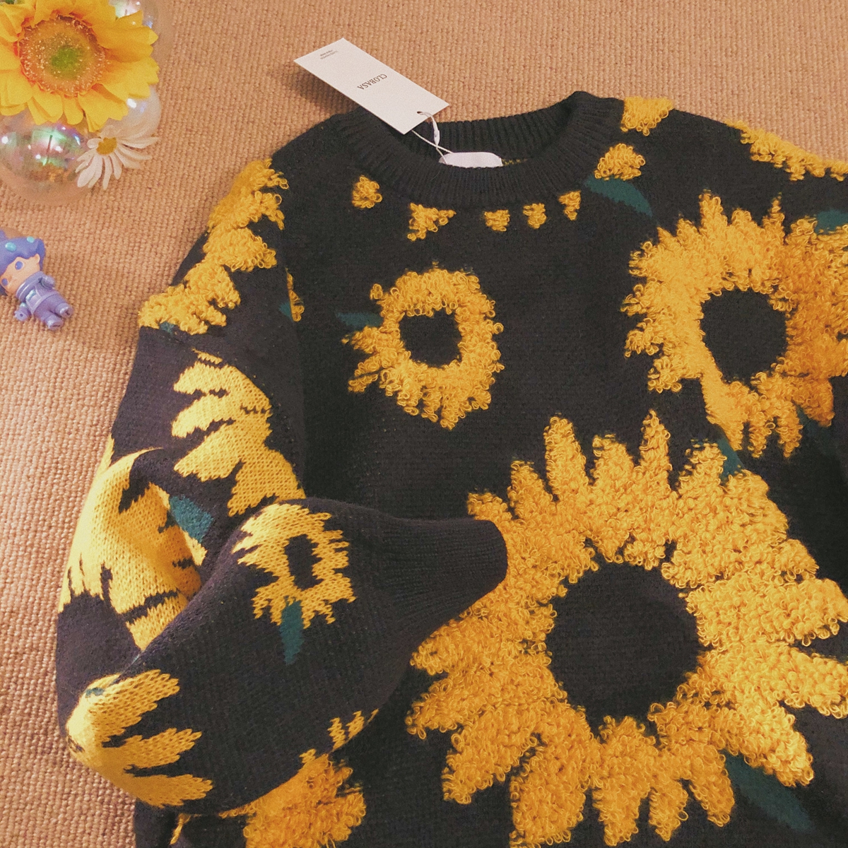 Daiwing 美式古着向日葵提花情侣毛衣秋冬慵懒风男女个性针织上衣