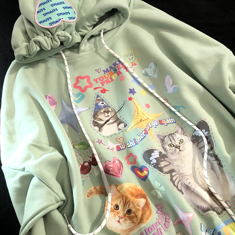 Daiwing爱心蝴蝶小猫咪情侣帽衫