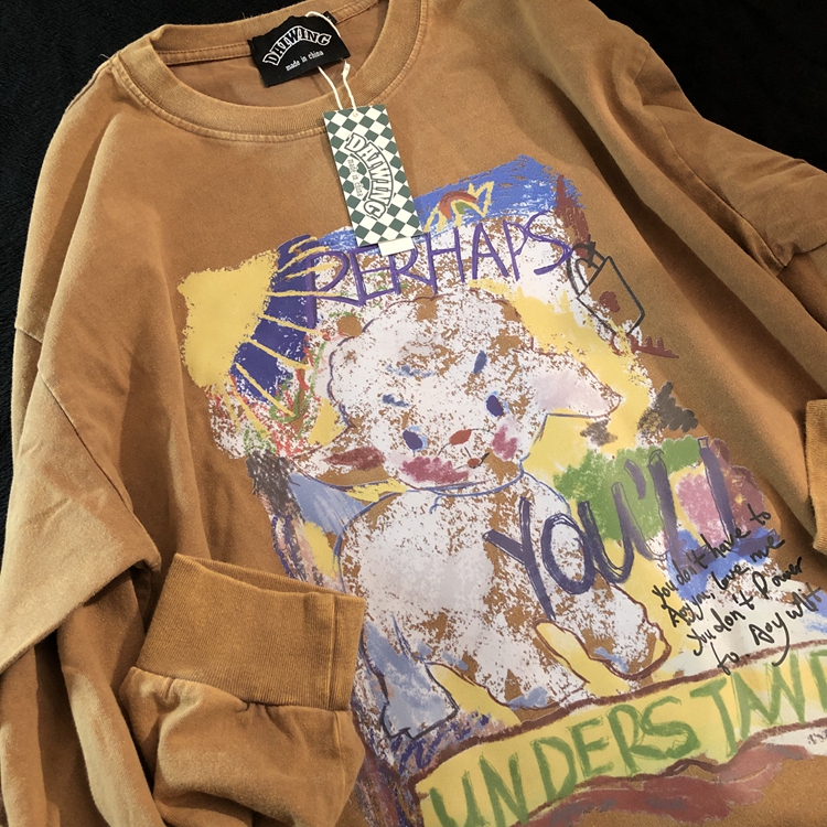 Daiwing美式卡通洗水情侣长袖T恤