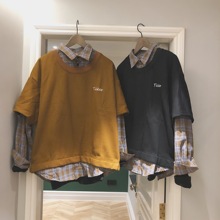 春秋季假两件拼接长袖衬衫男 韩版宽松很仙的ins百搭男士拼色外套