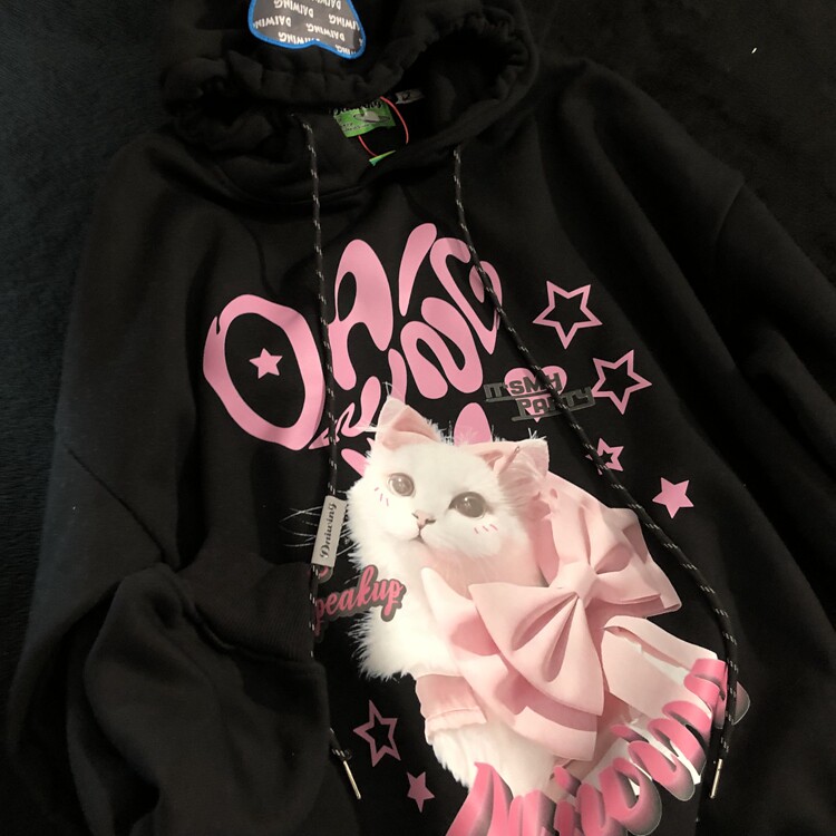 DAIWING 100% 활력 가을 겨울 플러스 벨벳 달콤하고 시원한 까마귀 미국 학생 고양이 커플 후드 티셔츠