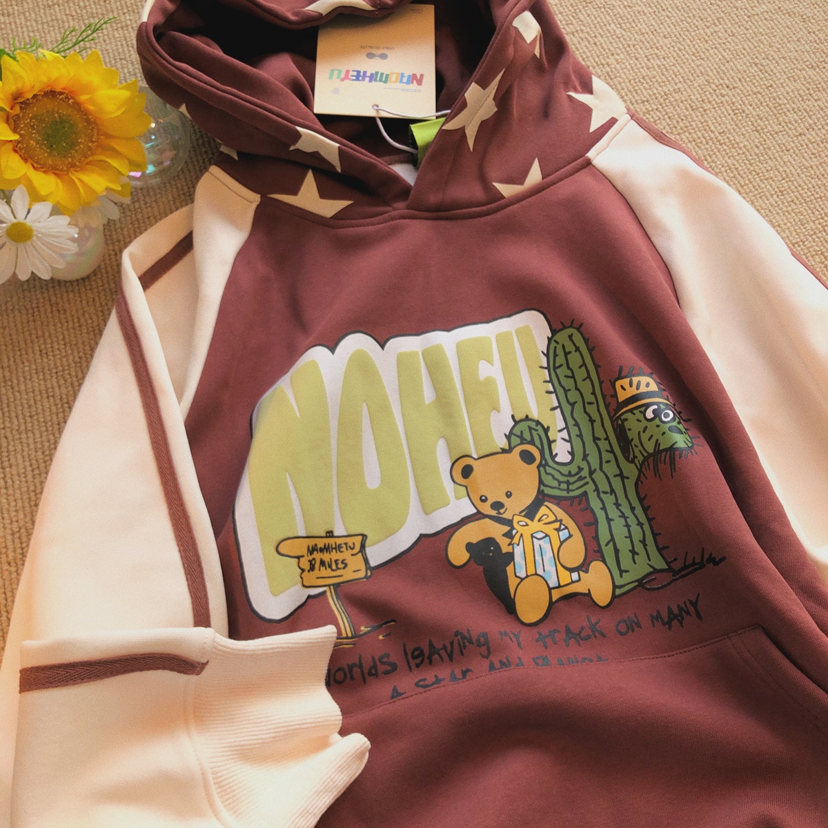 Daiwing 秋冬撞色情侣oversize帽衫美式复古卡通插肩袖连帽卫衣