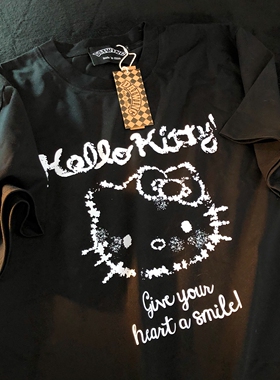 Daiwing 夏季HelloKitty黑色短袖T恤男女宽松纯棉休闲上衣半袖tee