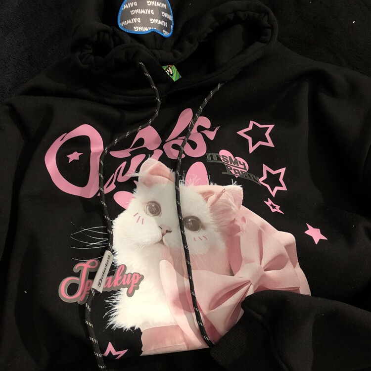 DAIWING 100% 활력 가을 겨울 플러스 벨벳 달콤하고 시원한 까마귀 미국 학생 고양이 커플 후드 티셔츠