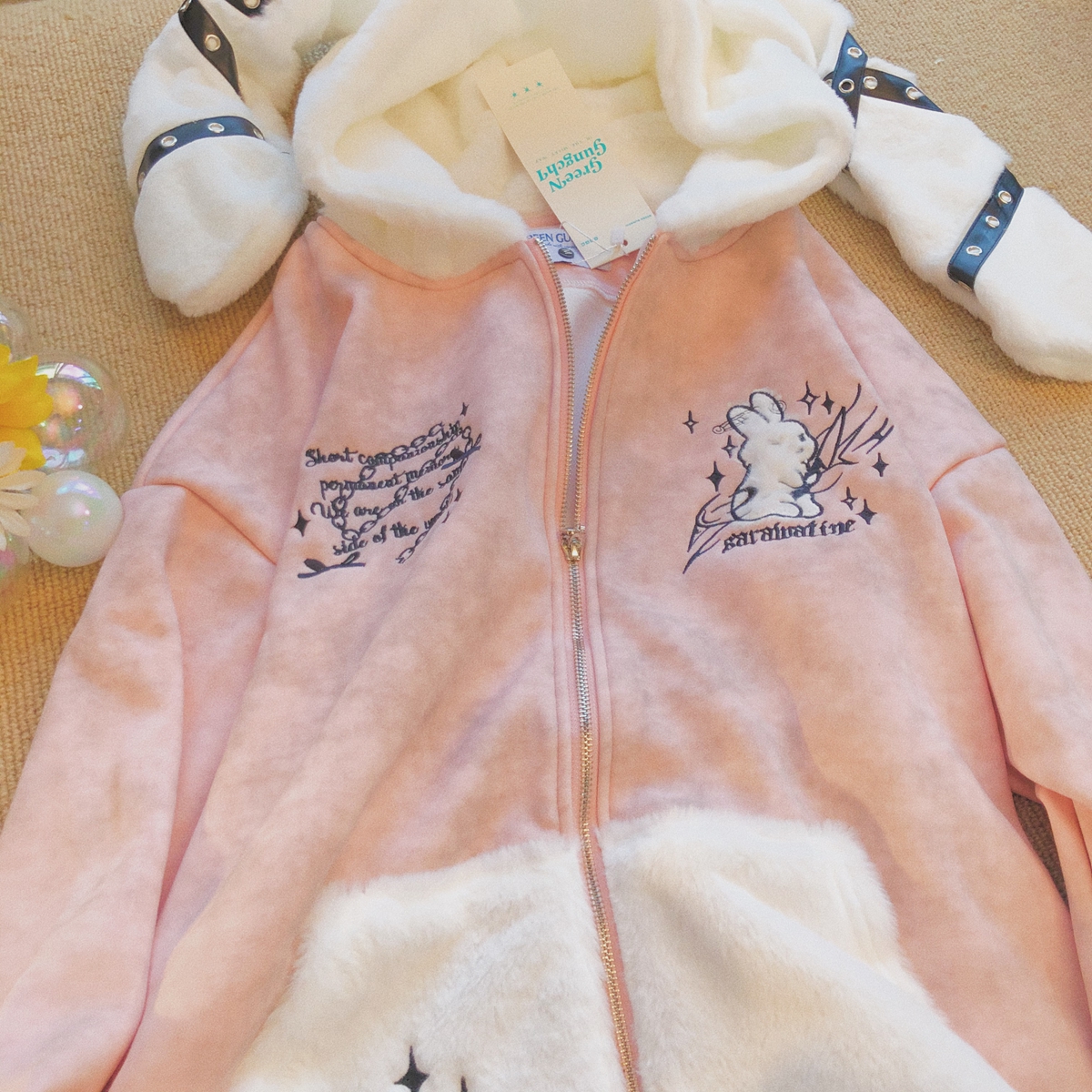 Daiwing 兔耳朵加绒甜妹连帽卫衣秋冬亚文化可爱宅萌刺绣拉链帽衫