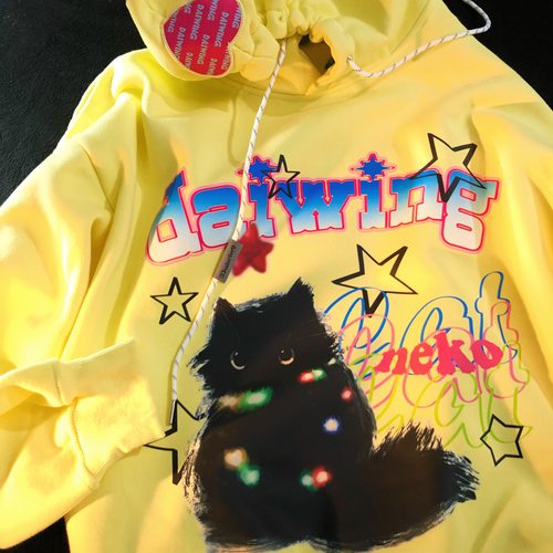Daiwing 坐看人间呢喃 秋冬黑猫可爱卡通帽衫情侣宽松连帽卫衣