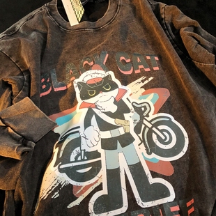 t恤 早秋猫猫卡通情侣国潮洗水做旧长袖 Daiwing 美好生活记录家