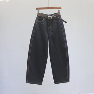 薄绒宽松休闲阔腿老爹香蕉裤 深蓝色高腰弯刀牛仔裤 女2025秋冬新款