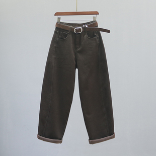 加绒加厚高腰弯刀牛仔裤 子 女2025秋冬咖色宽松休闲老爹阔腿香蕉裤