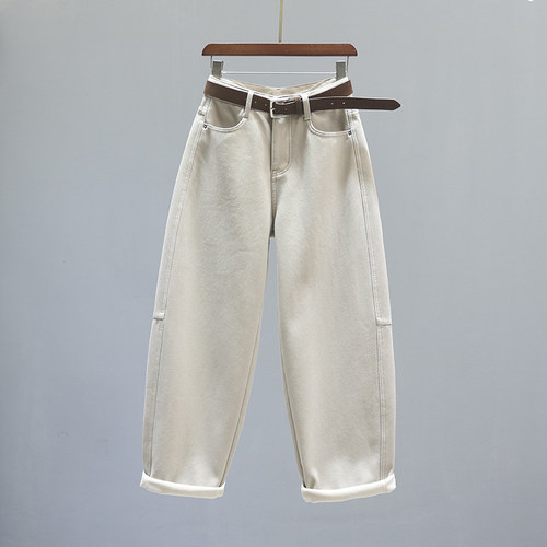 卡其色高腰老爹弯刀牛仔裤阔腿裤