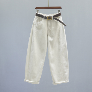 女欧货杏色宽松休闲老爹阔腿镰刀裤 高腰弯刀牛仔裤 子 新款 2026春季