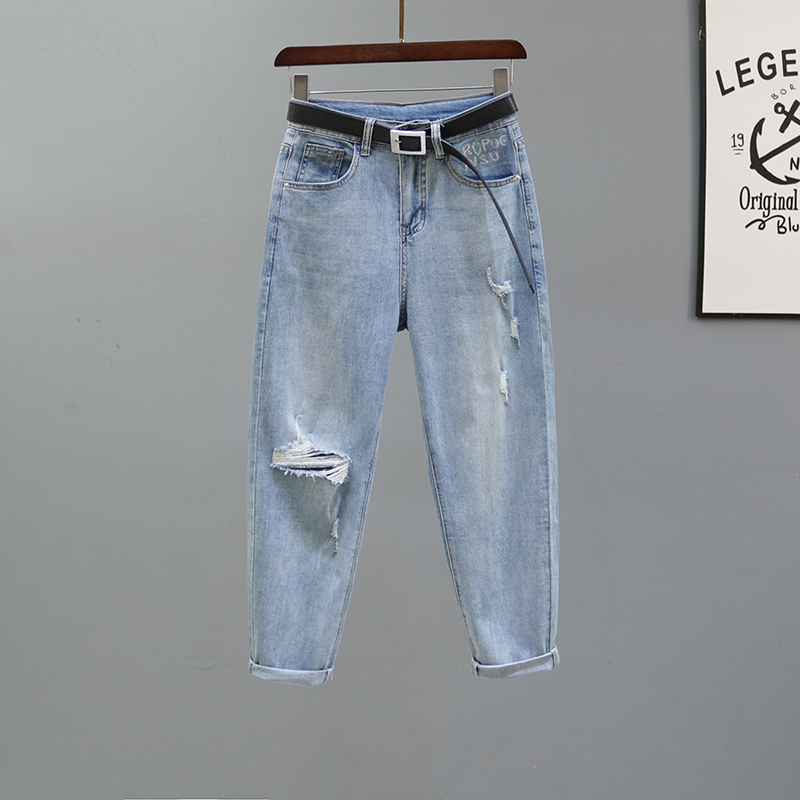 2025夏季新款高腰哈伦牛仔裤女欧货宽松休闲破洞浅蓝色小脚萝卜裤