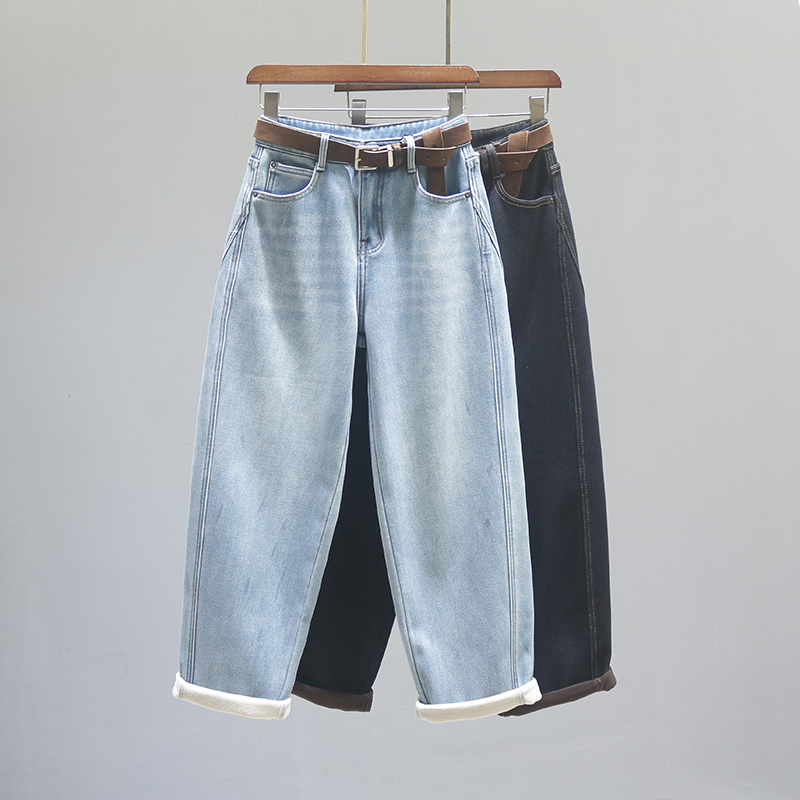 复古浅蓝色高腰老爹牛仔裤女弯刀裤秋冬加绒加厚宽松休闲镰刀裤子