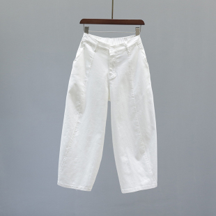 半松紧腰宽松小个子八分奶奶阔腿裤 2026新款 女夏季 白色弯刀牛仔裤
