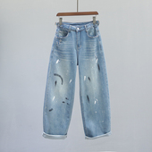 宽松休闲百搭街头风镰刀裤 个性 新款 女2026春季 涂鸦高腰弯刀牛仔裤