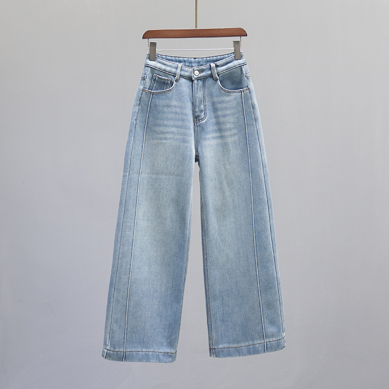复古浅蓝色高腰直筒牛仔裤女2025秋冬新款加绒加厚宽松休闲山本裤