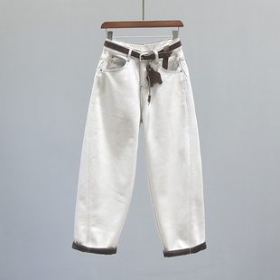 子 宽松休闲哈伦镰刀裤 浅蓝色高腰老爹牛仔裤 女秋冬加绒加厚弯刀裤