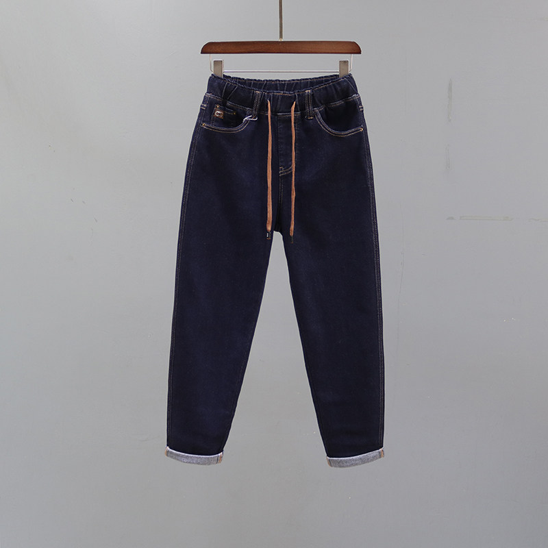深蓝色松紧腰哈伦牛仔裤女2025春秋新款宽松休闲百搭小脚萝卜裤子,女装/女士精品,牛仔裤,淘宝优惠券,粉丝福利购,淘宝优惠卷