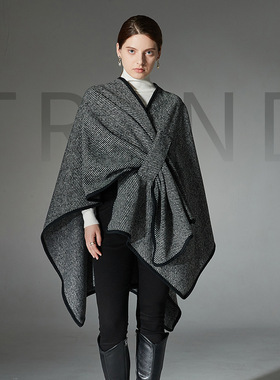 亚马逊优品外贸欧美春秋冬季2024黑色搭扣条纹披肩欧美新款