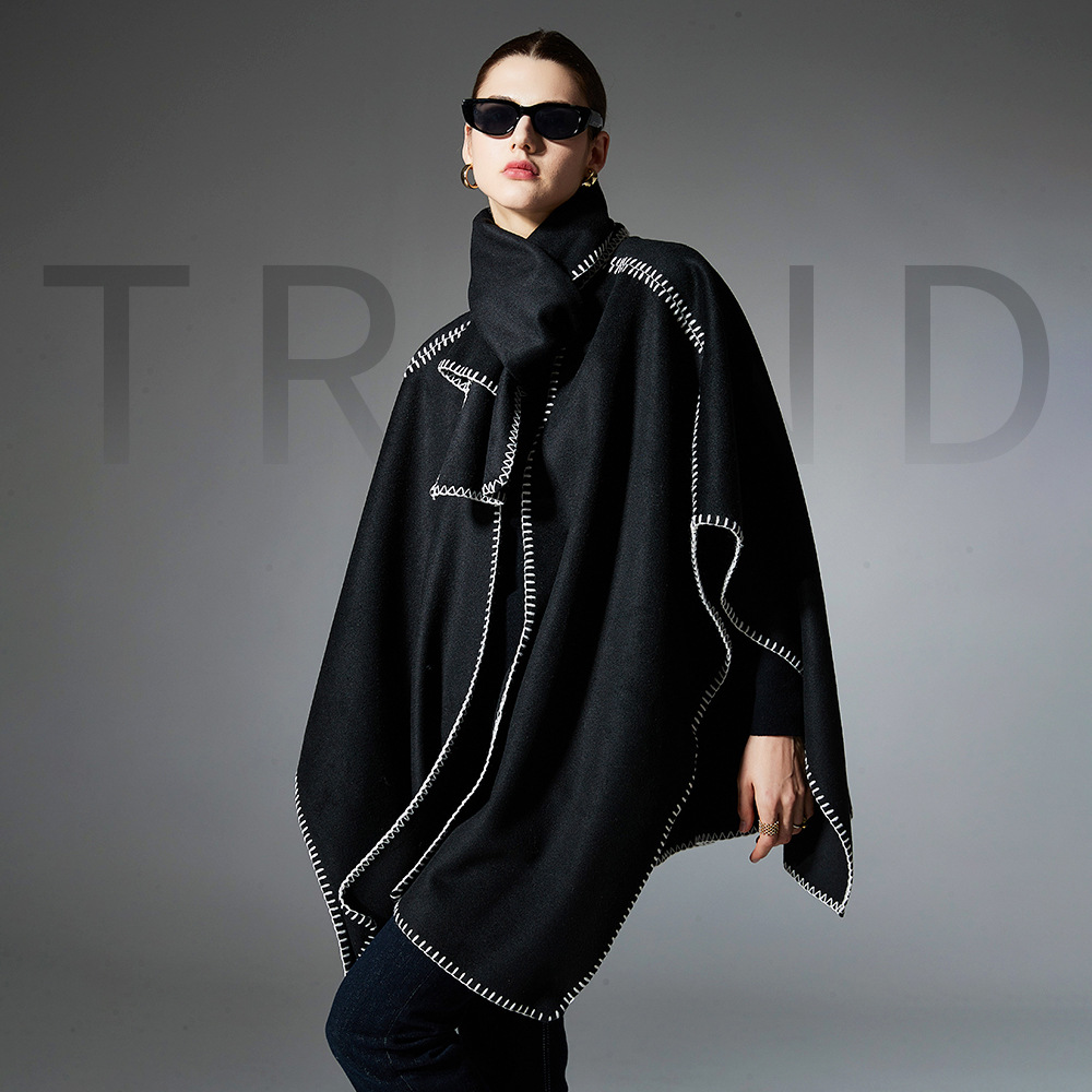 外贸欧美风女士披风春秋冬季新款时尚高级感纯色围巾披肩两件套