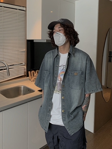 UPDAYWANG 夏季bi不可少 复古水洗牛仔短袖衬衫 中性款 情侣小众