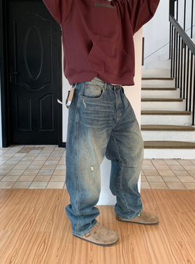 UDPAYWANG基础款 店主自留复古直筒宽松牛仔裤小破损潮流牛仔长裤