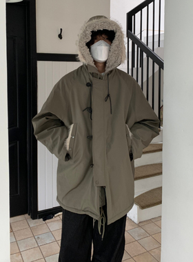 UPDAYWANG厚实保暖中长款复古加厚棉服 中性款气质连帽 男女同款