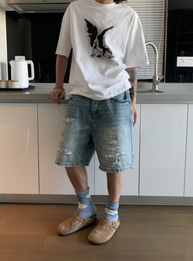 UPDAYWANG直筒宽松格纹补丁牛仔短裤男 潮流日系中裤复古 五分裤