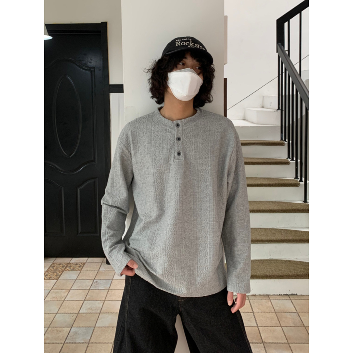 UPDAYWANG纯色花纹设计 复古百搭潮流针织打底衫男休闲宽松针织衫