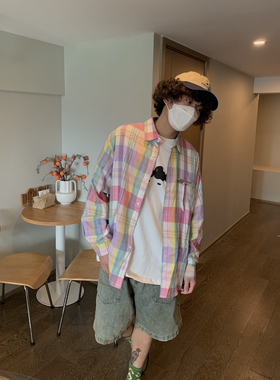 UPDAYWANG好看 自留 粉色系 潮流宽松情侣长袖衬衣 美式复古