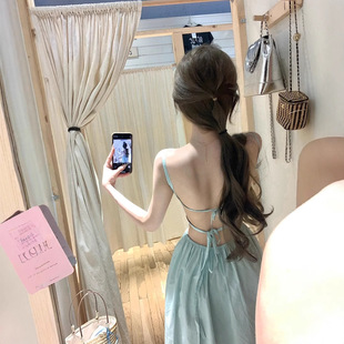 韩式 气 精美薄荷绿性感露背绑带吊带连衣裙女夏季 海边度假收腰法式