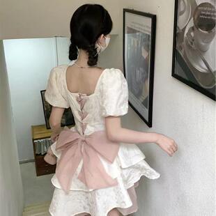精美純欲甜辣風蝴蝶結連衣裙夏季 韓式 小個子蓬蓬裙女設計感別致收