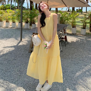 宽松度假风格 韩式 中长款 精美黄色海边沙滩裙格纹无袖 子背 连衣裙季