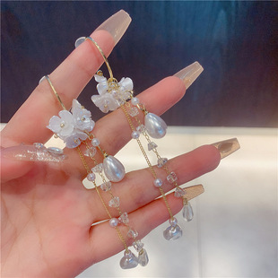 美式 長款 氣質珍珠流蘇耳環女新款 網紅超仙水晶耳飾品 S925銀針法式