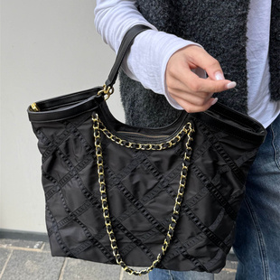 2025新款小香风菱格链条托特包女大容量黑色手提包