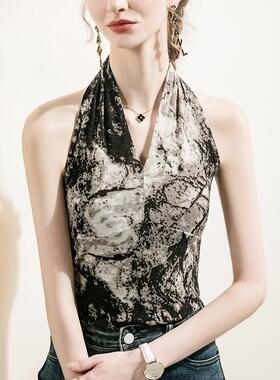 亮挂脖101190印花背女美心背性感内2搭023丝夏季新款无袖打底衫露