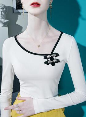 斜领盘扣设100585计白3色恤女修身220新春季款内搭长袖上衣韩版小