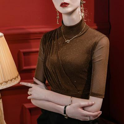 0立领亮丝网纱打底101308衫女五分袖修身23秋季新款褶感皱2拼接设