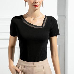 修身 感斜方领恤性女短袖 丝4072拼接感设计蕾纯棉上衣 新款 夏季