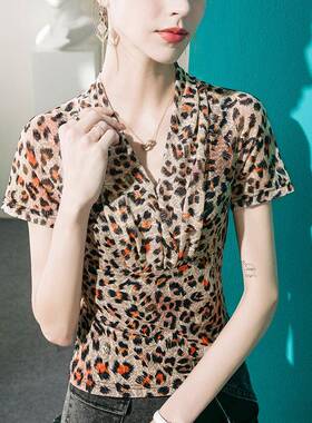 豹纹夏印花领季上衣女短袖2023夏新款100978洋气修身网衫纱恤时尚