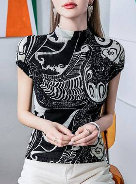 夏季102316新款领复古印花恤女立短修身洋春夏气包袖时髦上袖衣