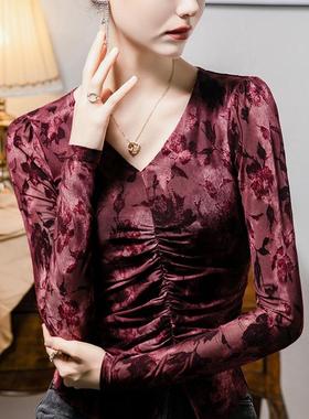 植绒印领花不规袖则褶皱拼接打底衫女开2024秋冬新103017款叉泡泡