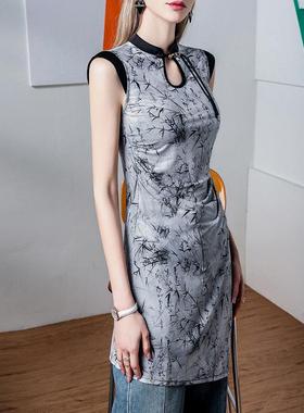 新中盘旗102101袍中长款衣女无式袖上扣复古2024夏季新款开叉民族