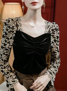 丝绒法式季蕾方领上衣女丝101613袖拼接泡泡袖洋气2023秋新款喇叭
