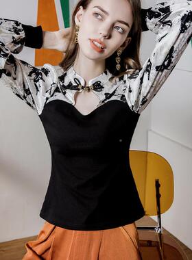 新中式扣盘上衣女泡袖2024春季102017泡新款旗袍领长袖蝶提花蝴时