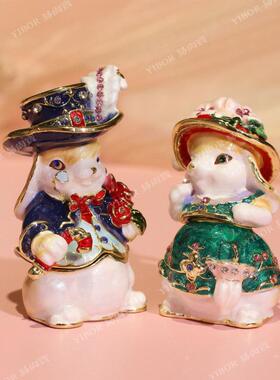 新品珐琅彩首饰盒兔子公爵夫妇摆件一对创意礼品饰品戒指收纳盒